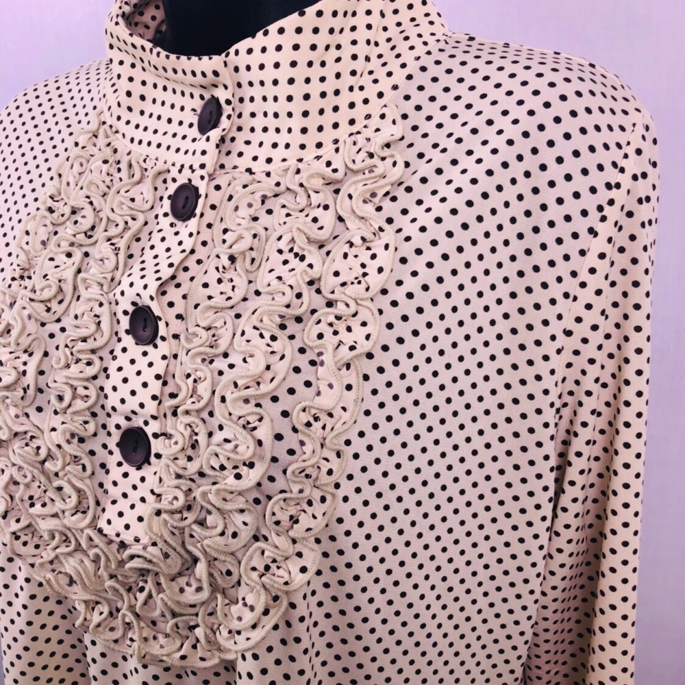 Band collar  frilled cream color polka dot tunic